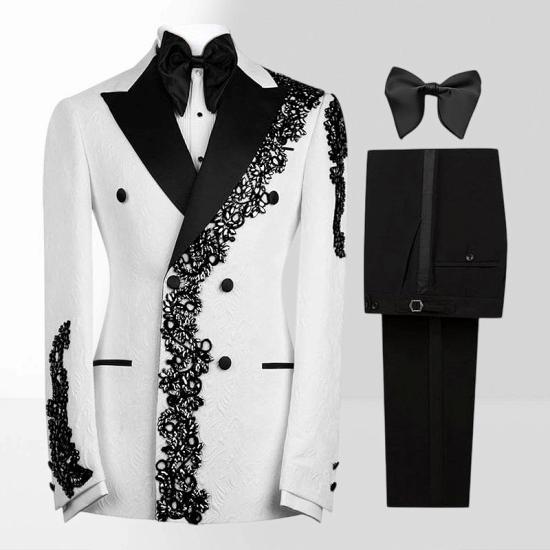 Men's White Double-Breasted Tuxedo with Black Lace Embroidery Two Piece Prom Suit_4