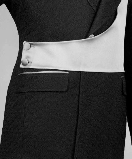 Slim New Arrival Black Notched Lapel Jacquard Two Pieces Prom Suits With White Crossover Satin Panel_2