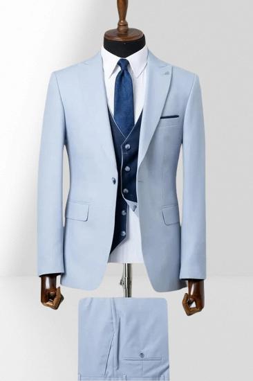 Sky Blue Single Breasted Groom Three Piece Wedding Suit With Dark Blue Vest_1