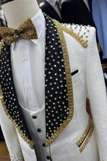 Luxurious White Shawl Collar Single Breasted Three Piece Prom_3