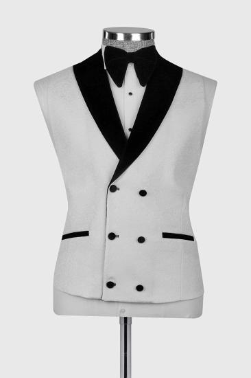 White Jacquard Wedding Suit with Black Velvet Groom Three Piece Suit_3