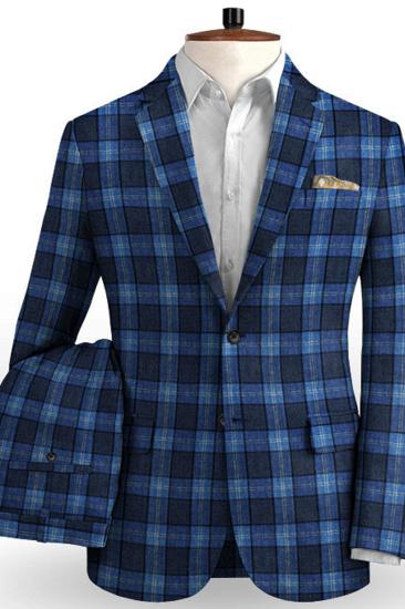 Custom Blue Plaid Linen Mens Suit | Two Piece Formal Business Tuxedo_2