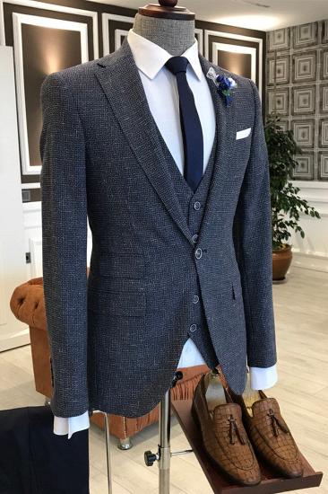 Modern Navy Blue Small Plaid Notched Lapel Slim Fit Tailored Formal Menswear_2
