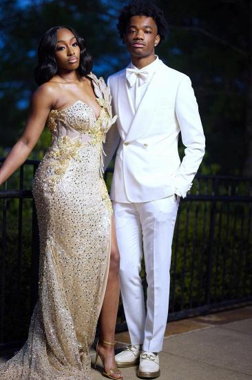 Men White Satin Lapel Tuxedo Suit with White Bow Tie Custom Prom Wedding Formal Suit Set_1