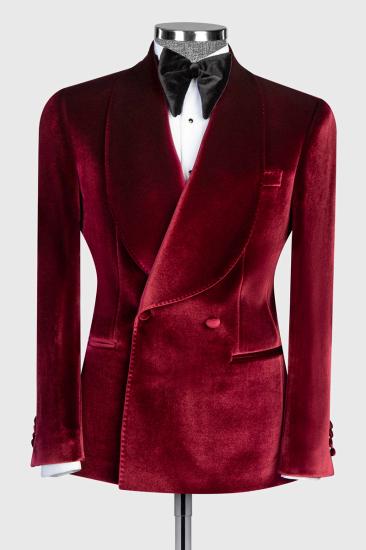 Fashion Slim Fit Burgundy Velvet Double Breasted Men's Two Piece Prom Suit_1