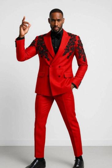 Men's Red Double-Breasted Suit with Black Beaded Embroidery_1
