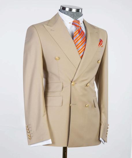 Khaki Double Breasted Point Collar Men Business Suit_3