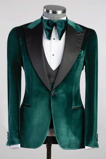 Dark Green Peaked Lapel Velvet Three Piece Prom Suit_2
