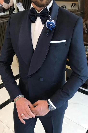 Stylish Dark Blue Shawl Collar Jacket Trousers Suits_2