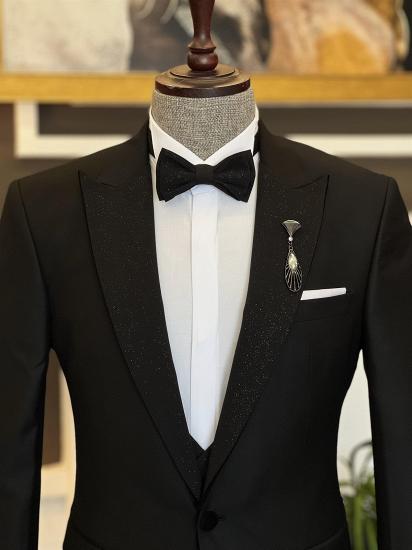 Carlton Chic Black Glitter Point Lapel Three Piece Wedding Mens Suit_2