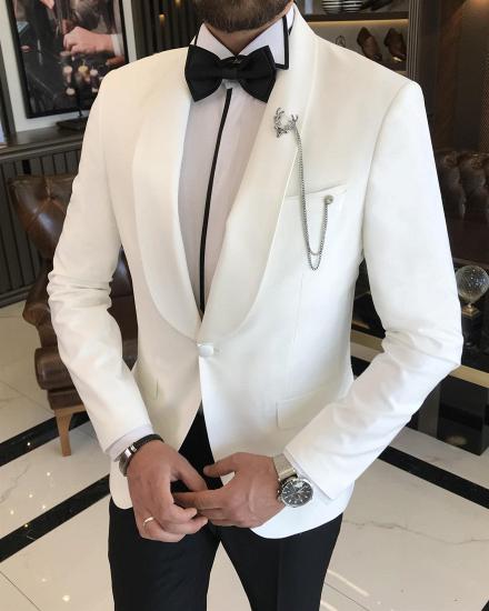 One button white shawl lapel wedding suit｜Black pants_4