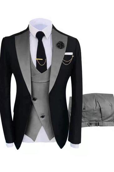 Popular Black Notched Lapel Three Pieces Slim Tuxedo Suit With Grey Vest_1