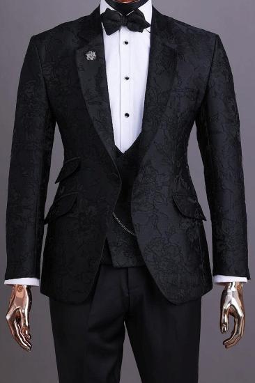 Brady Modern Handmade Three Piece Black Jacquard Men's Wedding Suits