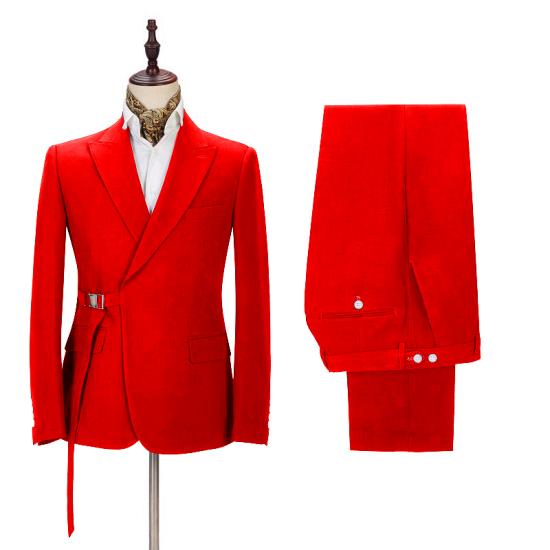 Passionate Bright Red Mens Formal Suit Online | Peak Lapel Buckle Button Casual Suit for Men_2