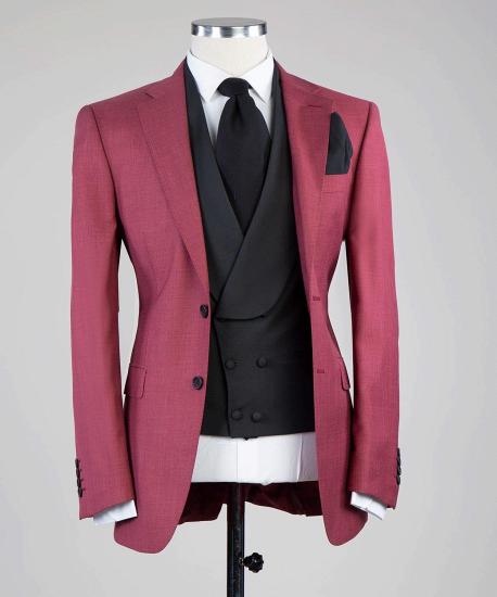 Warm Rose Red Three Piece Custom Wedding Suit With Notched Lapels_2