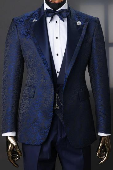 Luxury Navy Blue 3D Floral Jacquard 3-Piece Men's Tuxedo Suit with Bow Tie_1