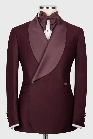 Satin Shawl Lapel Slim Burgundy Two-Piece Prom Dress Wedding Suit