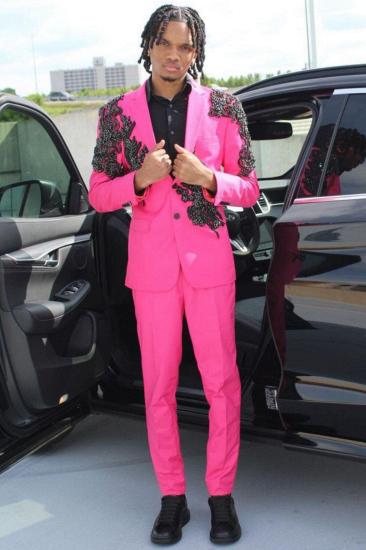 Augustine Hot Pink Notched Lapel Prom Suits With Black Appliques | Men's Formal Tuxedo_1