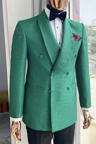 Stylish Bright Green Jacquard Double Breasted Custom High Men Suits_1