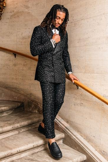 Black Crystal Rhinestone Double Breasted Men's Tuxedo Suit for Wedding Prom Black Tie Events_3