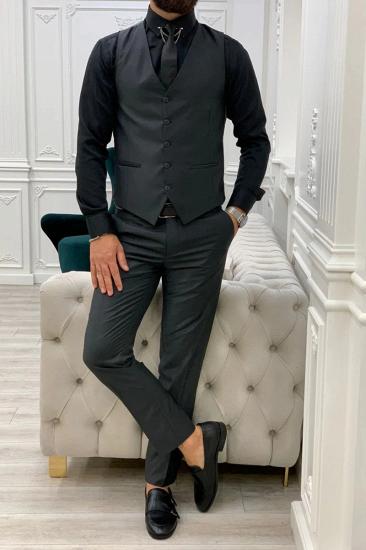 Dark Grey Wool Peak Collar Men's Three Piece Wedding Prom Suit_3