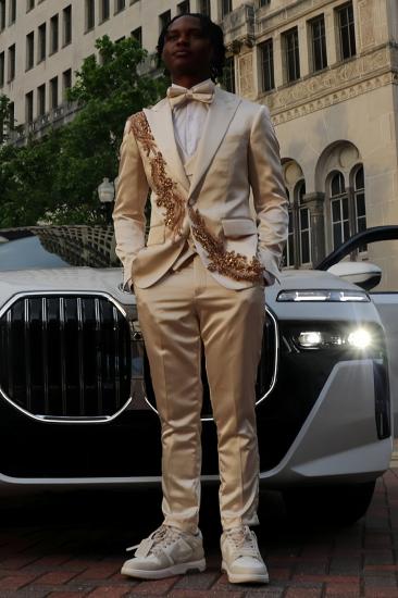 Charming Champagne Satin Peaked Lapel Three Pieces Prom Suits With Beading_1
