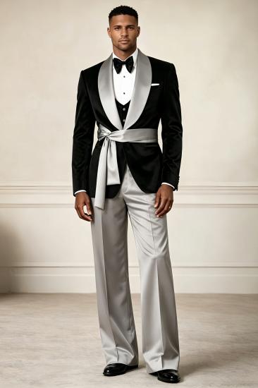 Norman Elegant Black Velvet Three Pieces Prom Suits With Satin Pants_1