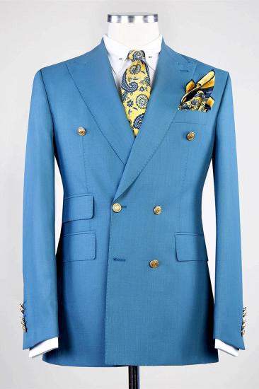 Modern Blue Double Breasted Point Collar Business Men Suits_1