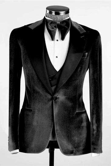 Black Peak Collar Velvet Three Piece Wedding Suit ｜ Prom Three Piece Suit_2