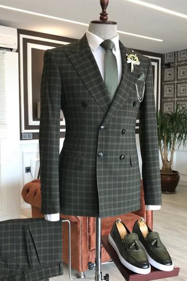 Handsome Green Plaid Double Breasted 2 Flap Mens Business Suit_2
