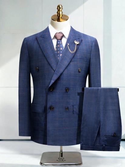 Navy Blue Plaid Double Breasted Men Suit Two Piece Wedding Prom Formal