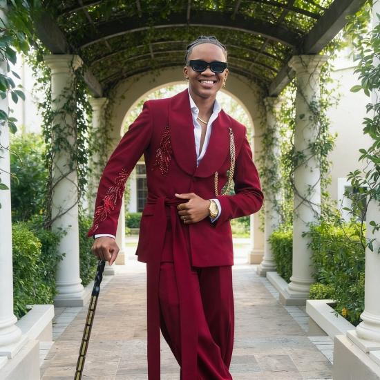 Knight Burgundy Shawl Lapel Beaded Prom Suit With Long Sash | Bradymensuit_2