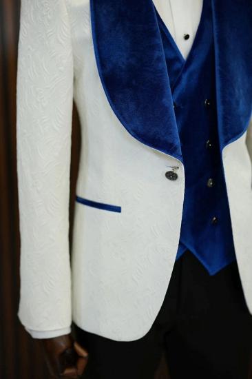 Brady Blue Velvet Shawl Lapel Jacquard Mens Slim Three Piece Tuxedo Suit_5