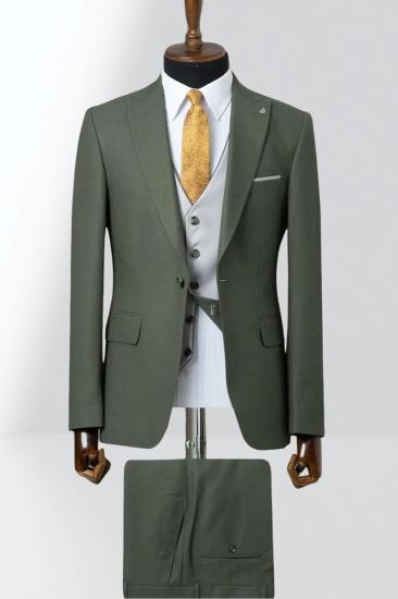 Green Single Breasted Groom Three Piece Wedding Suit With White Vest_1