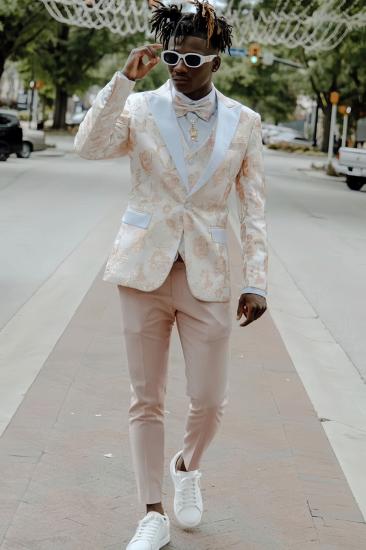 Greg Bespoke Apricot Slim Jacquard Peaked Lapel Three Pieces Prom Suits_1