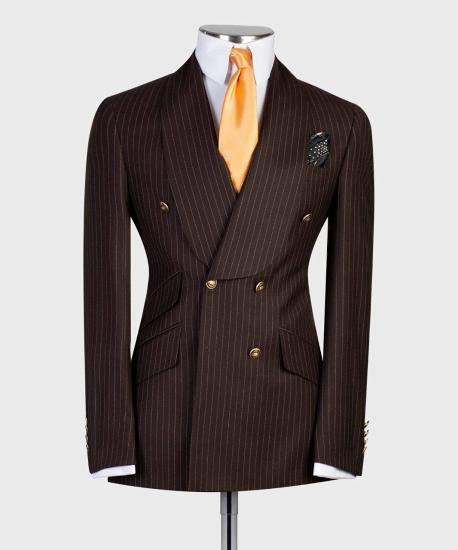 Chocolate Stripe Double Breasted Shawl Lapel Two-Piece Men Suit_3