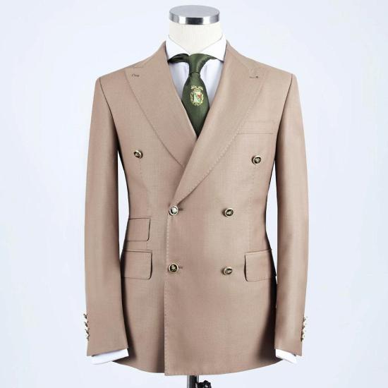 Khaki Double Breasted Point Collar Men's Business Suit_3