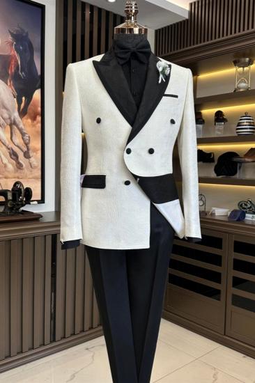 Handsome White Jacquard Double Breasted Two Piece Prom Suits With Black Pants