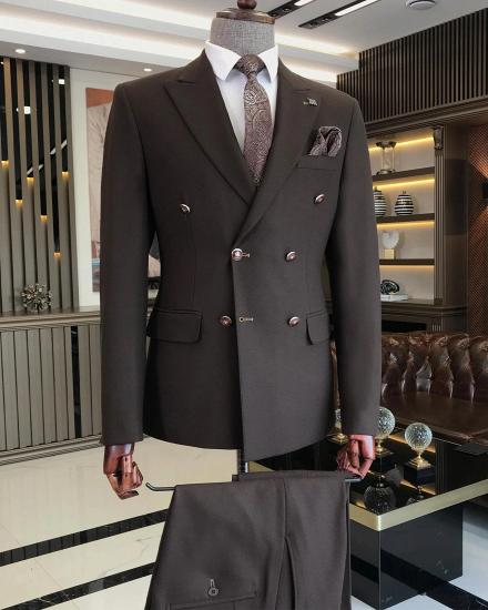 Modern Dark Brown Peak Lapel Double Breasted Mens Two Piece Suits_2