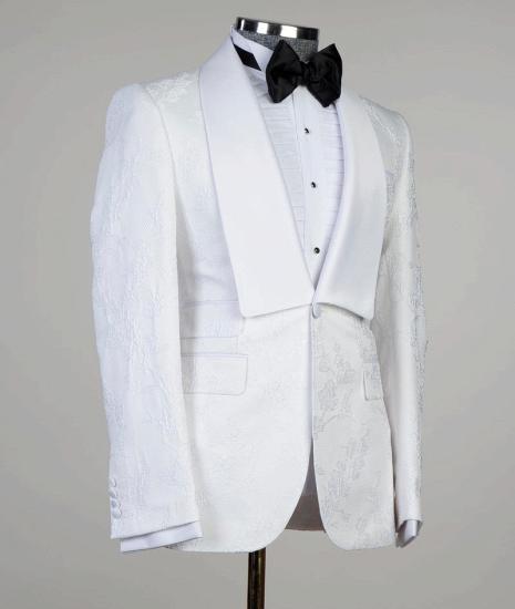 White Jacquard Shawl Lapel Three Piece Men Wedding Suit_3