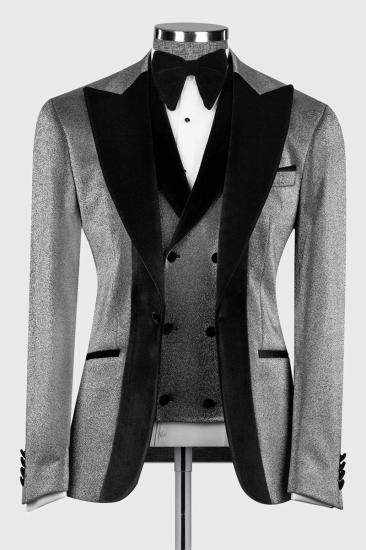 Grey Jacquard Wedding Suit with Black Velvet Groom Three Piece Suit_3