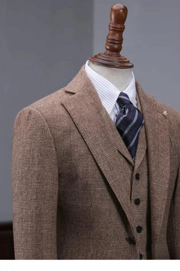 Stylish Notch Lapel Khaki Wool Plaid Three Piece Men's Business Suit_4
