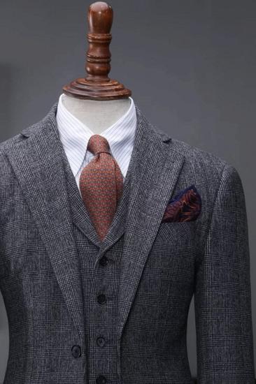 Alvin Fashion Dark Grey Plaid Three Piece Men Business Suit_8