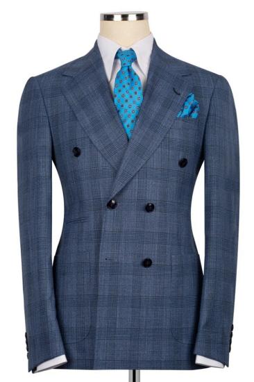 Formal Slate Blue Plaid Notched Lapel Double Breasted Two Pieces Business Suits