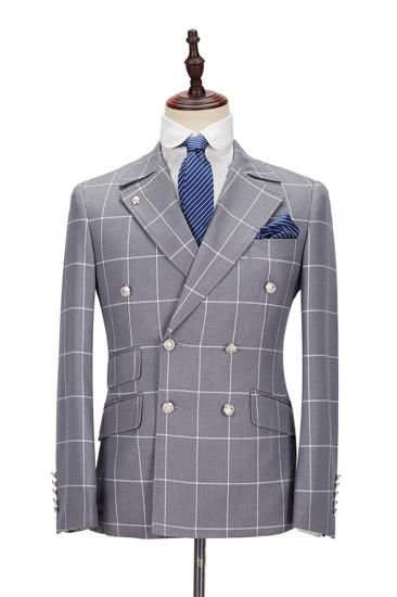 Gray Plaid Lapel Double Breasted Men Business Suit Two Piece