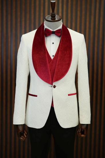 Brady Red Velvet Shawl Lapel Jacquard Mens Slim Three Piece Tuxedo Suit_1