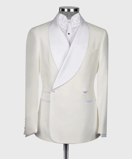 Ivory Double Breasted Shawl Lapel Men Wedding Two Piece Suits_2
