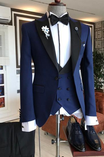 King Modern Royal Blue Three Piece Black Point Lapel Double Breasted Vest Men Suit_2