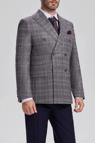 Men Elegant Grey Plaid Double Breasted Blazer With Flap Pockets_2