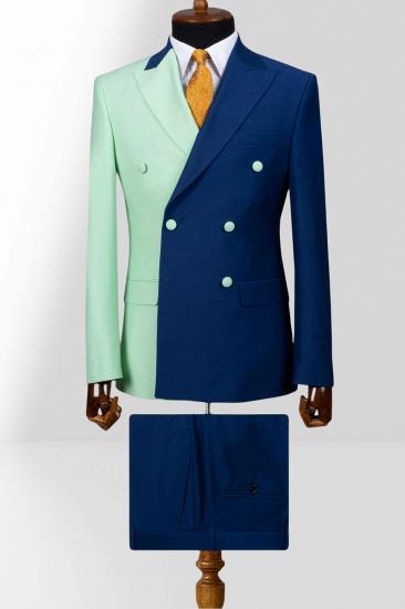 Mint Green And Dark Blue Double Breasted Peak Collar Slim Mens Two Piece Suit
